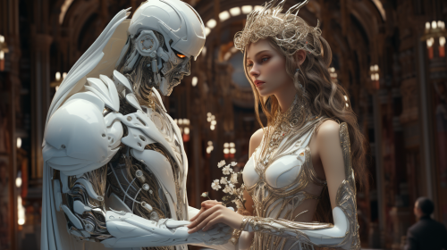 Futuristic glamour wedding with intelligent human and robotic partner Futuristic glamour wedding with intelligent human and robotic partner