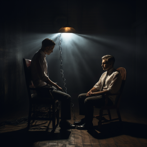 Bound man being interrogated in dark room