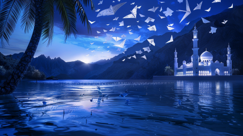 mosque papers flying night scene mosque papers flying night scene