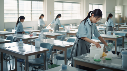 Smiling Japanese School Students Cleaning Classroom Smiling Japanese School Students Cleaning Classroom