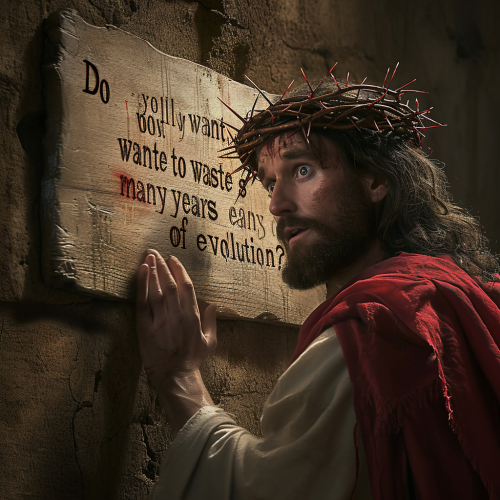 Jesus in crown of thorns pointing at board Jesus in crown of thorns pointing at board