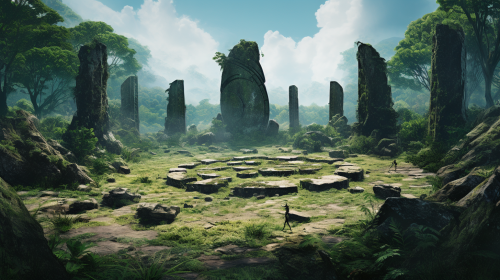 Photorealistic jungle stone circle with scattered meat Photorealistic jungle stone circle with scattered meat