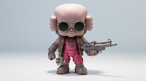 KAWS midget figurine dressed in Gucci clothing with guns