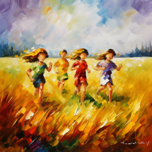 Kids running in field painting Kids running in field painting