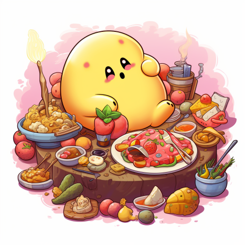 Cartoon Kirby eating lots of food