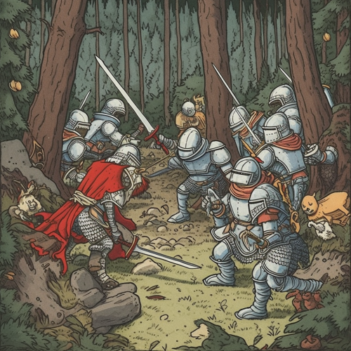 Knights in Ghibli-style fighting scene Knights in Ghibli-style fighting scene