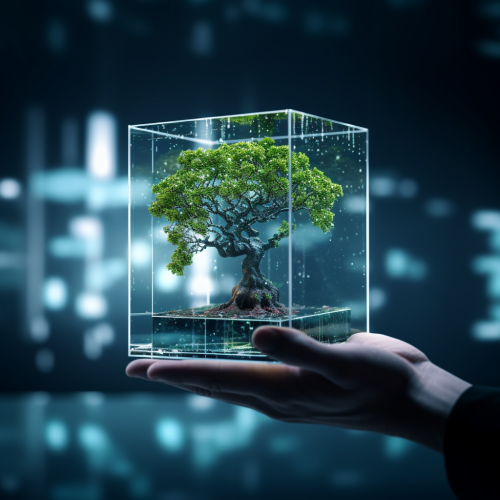 Glass cube with small tree in lab