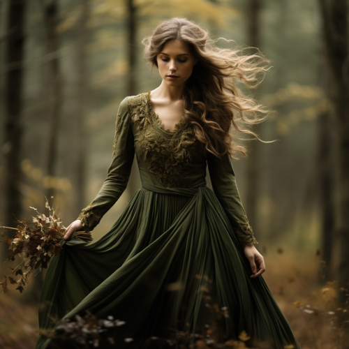 Elegant lady in green dress standing in forest Elegant lady in green dress standing in forest