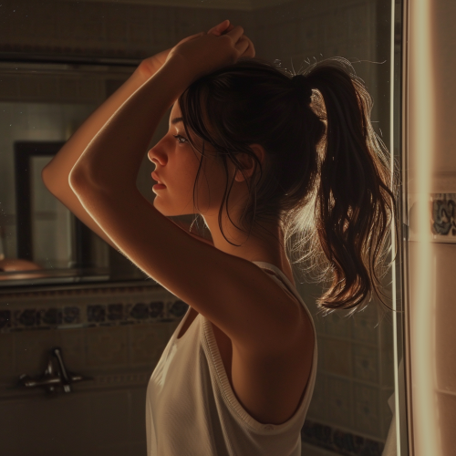 Latina girl in hotel bathroom mirror ponytail