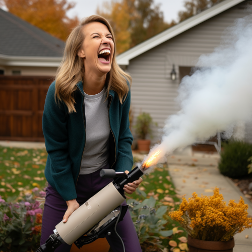 Woman laughing in suburban yard during fall