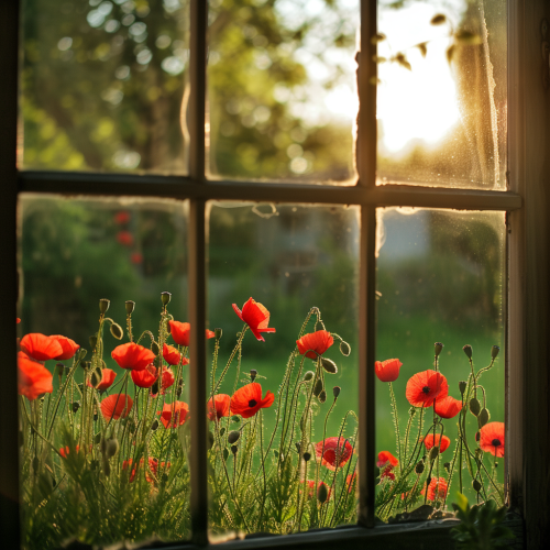 Red Poppies on Lawn Window Red Poppies on Lawn Window