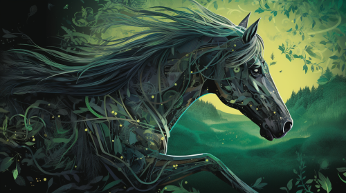 Harmony and Unity: Leader touching horse's mane in lush landscape Harmony and Unity: Leader touching horse's mane in lush landscape