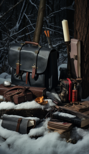 Leather satchel with tools in snow Leather satchel with tools in snow