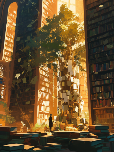 Library with piles of books Library with piles of books