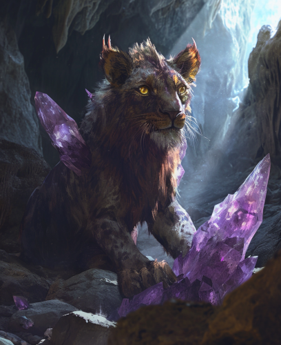 Half lion, half bat creature with purple crystals in moody cave Half lion, half bat creature with purple crystals in moody cave