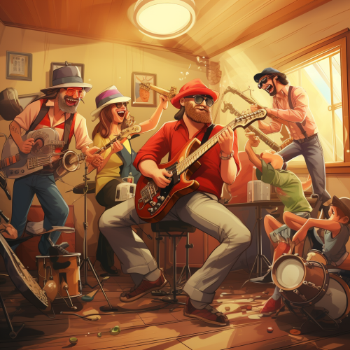 House band musicians jamming in lively illustration