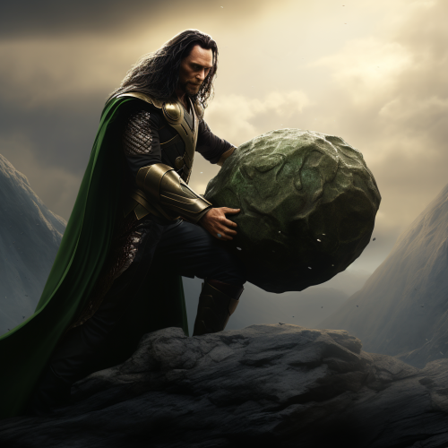 Loki pushing a giant stone uphill