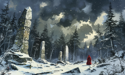 lone explorer in red coat snowy forest lone explorer in red coat snowy forest