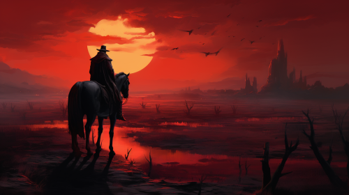 Lonely knight at tombstone in red rain Lonely knight at tombstone in red rain