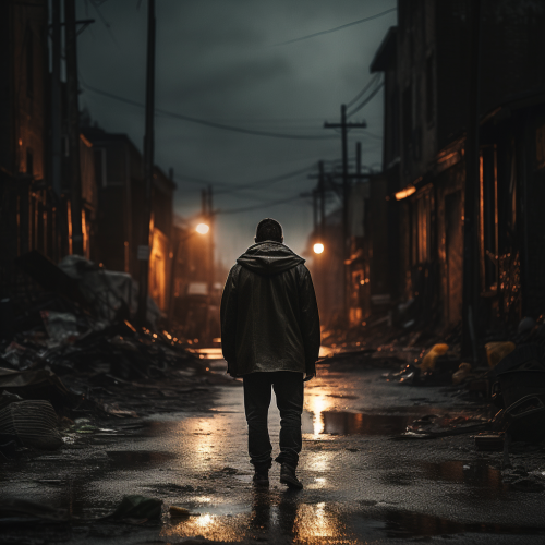 Lonely man walking on poor street Lonely man walking on poor street