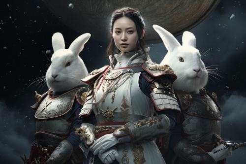 Elegant woman, Chinese general, and adorable rabbit