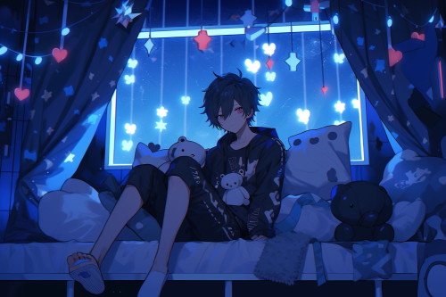 Smiling man with heart eyes on midnight bed