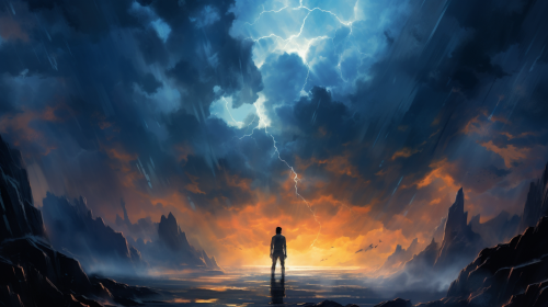 Serene yet powerful man amidst storm cloud Serene yet powerful man amidst storm cloud