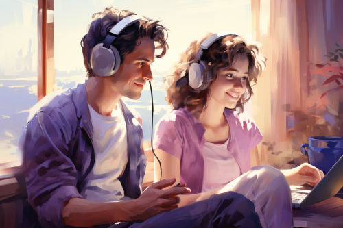 Man drawing on tablet, woman wearing headphones, guy lying on sofa Man drawing on tablet, woman wearing headphones, guy lying on sofa