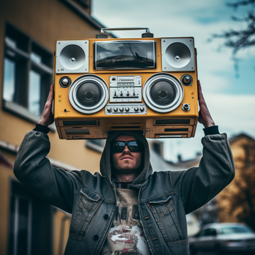 Man holding boombox over head