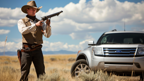 Man with Lever Action Gun in front of Silver Ford Edge Man with Lever Action Gun in front of Silver Ford Edge