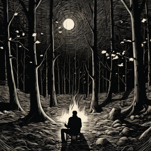 Man at Campfire Holding Firewood