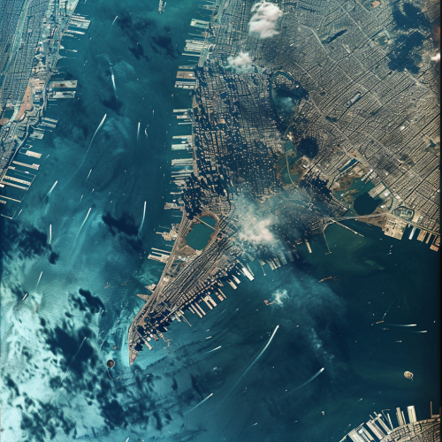 Satellite view of Manhattan Island with nearby meteor strike Satellite view of Manhattan Island with nearby meteor strike