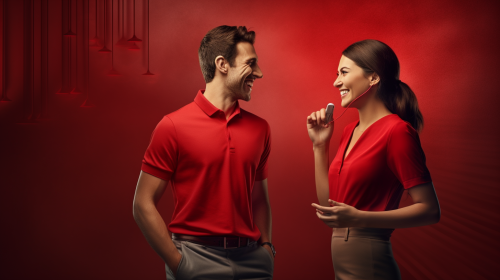 Group discussing marketing ideas in red polos Group discussing marketing ideas in red polos