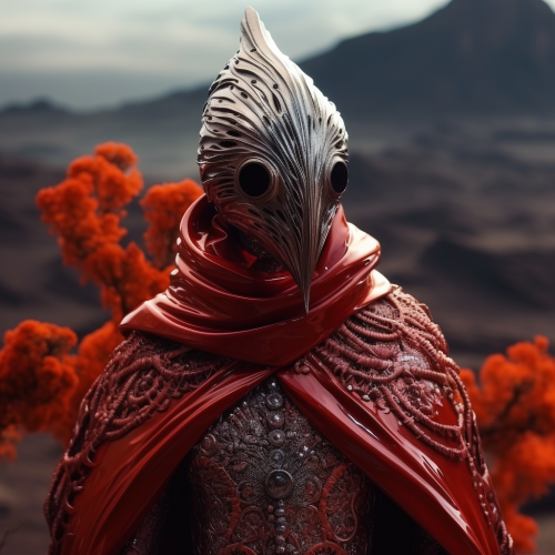 Cinematic mars alien bird with foil cloak and coral garments Cinematic mars alien bird with foil cloak and coral garments