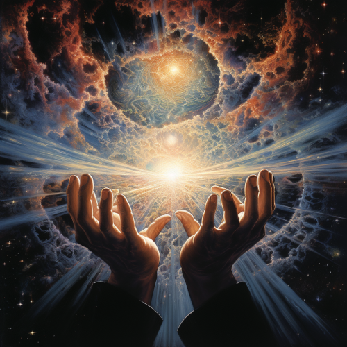 Radiant hands cradling vast universe