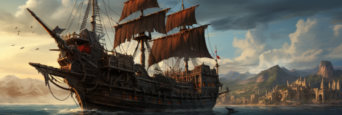 Beautiful medieval Moroccan pirate ship sailing on the sea