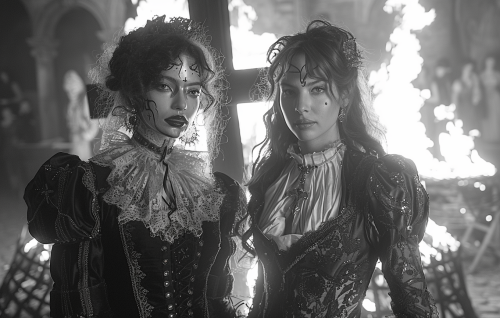 Women in Venetian dresses flirting