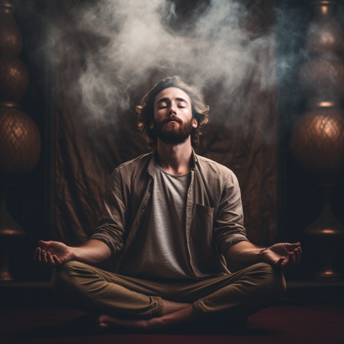 Man meditating, stressed out, annoyed Man meditating, stressed out, annoyed