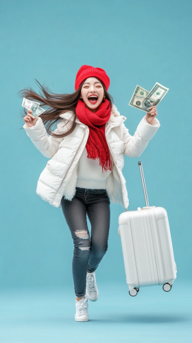 Fashionable Asian Woman With Money and Suitcase Fashionable Asian Woman With Money and Suitcase