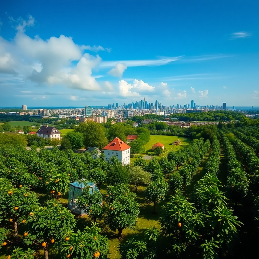 'A green village with fruit trees'