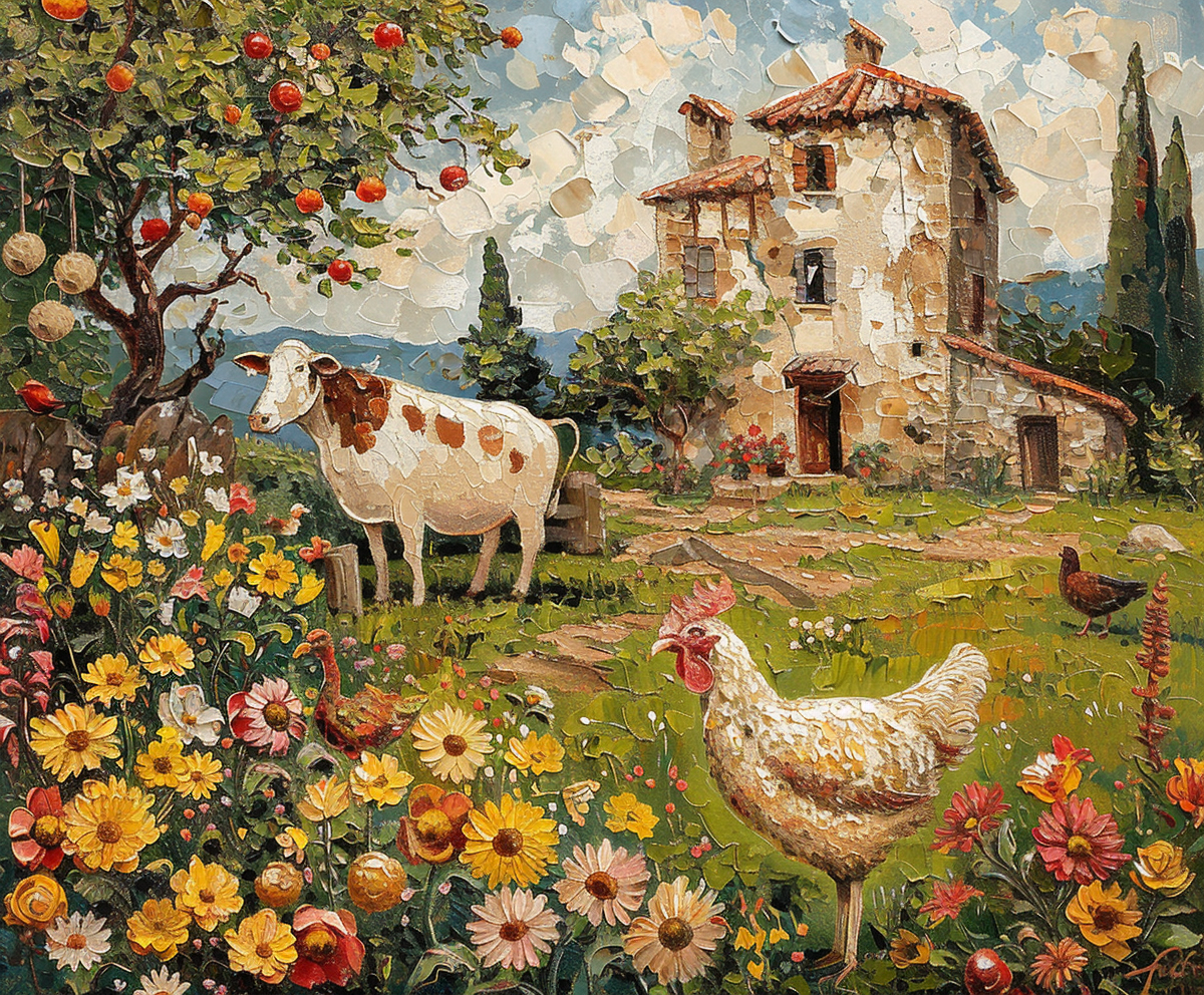   Animals on the farm in a painting