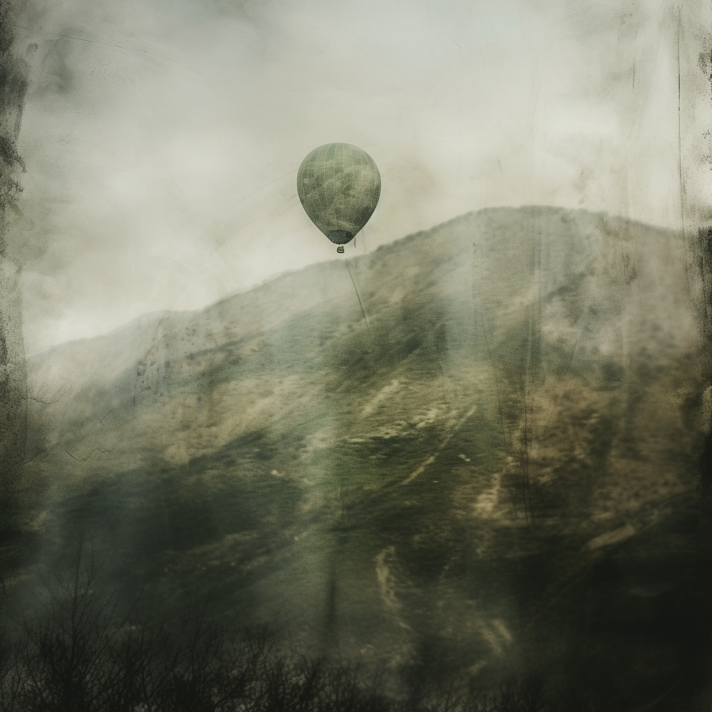 4. Green balloon floats in mountain landscape