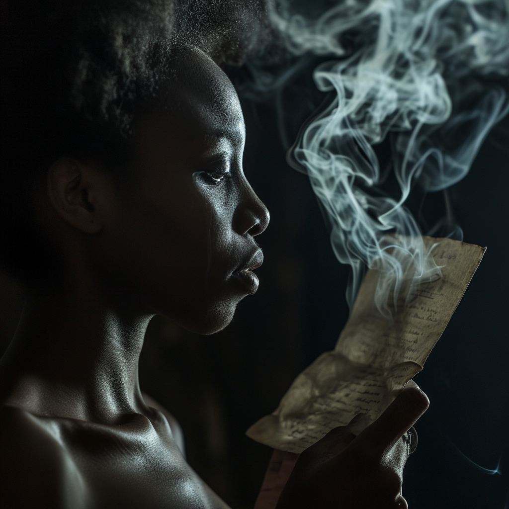 4. Afrocentric woman holding tearful letter with smoke