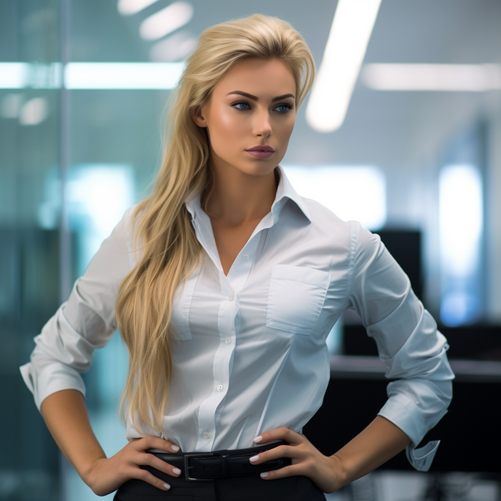 4. Blonde hair teacher girl in white shirt