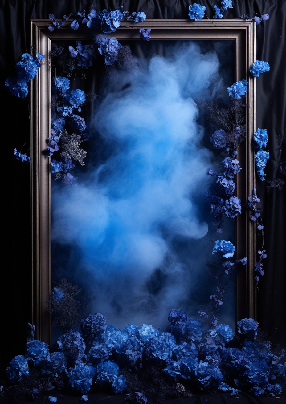 Beautiful blue luminescent frame with flowers and steam