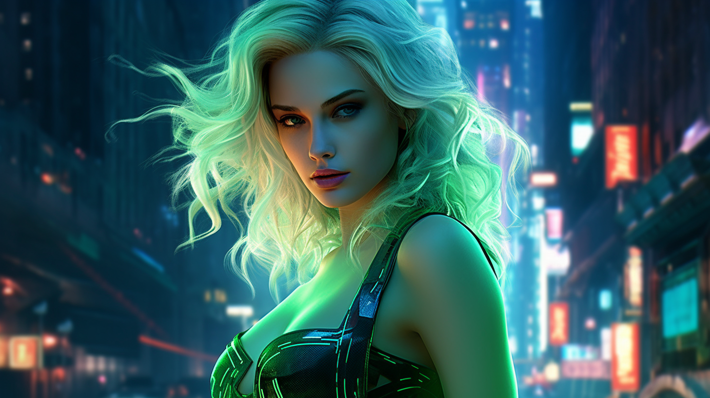 4. Beautiful woman with cascading blonde hair in futuristic metropolis