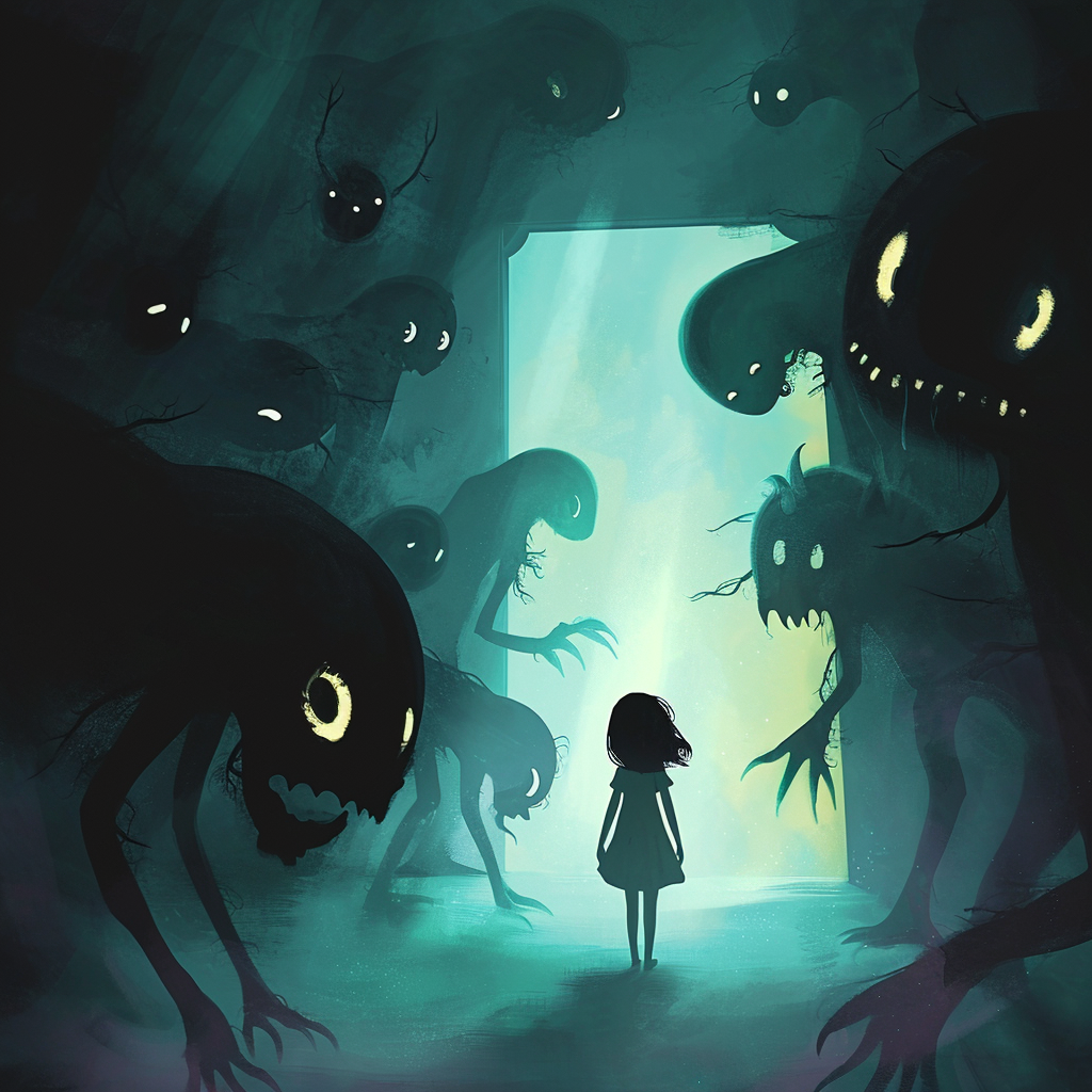 Scared girl surrounded by shadow monsters