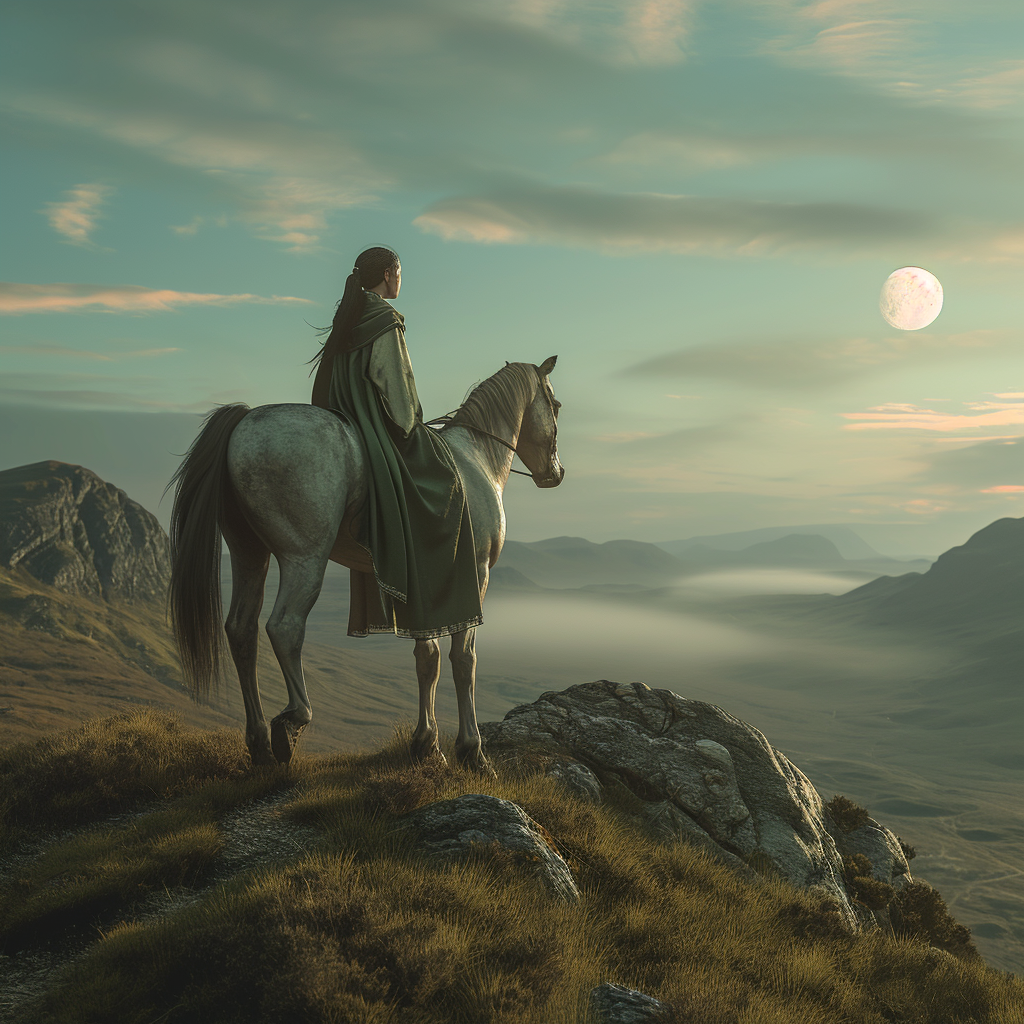 Celtic goddess Rhiannon on horseback in the Scottish mountains