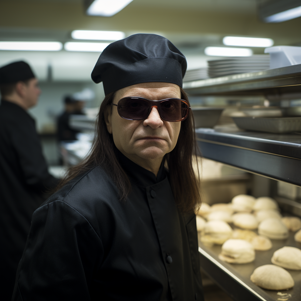 Ozzy Osbourne wearing hairnet in kitchen