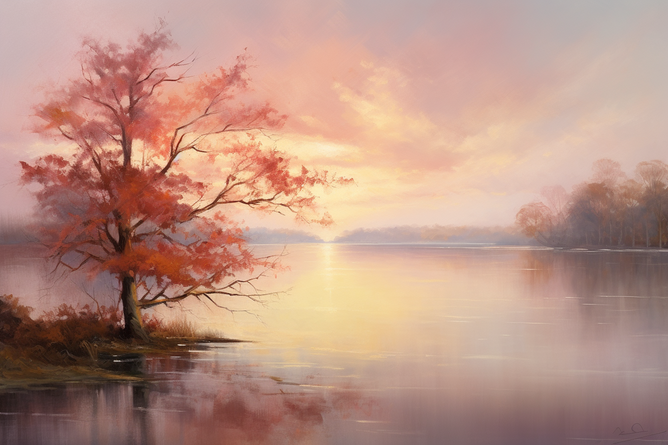 4. Serene landscape with misty morning atmosphere and lake view